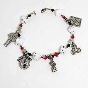Vintage Gaming Casino Gambling Cards Chips Dice Pewter Charm Beaded Bracelet